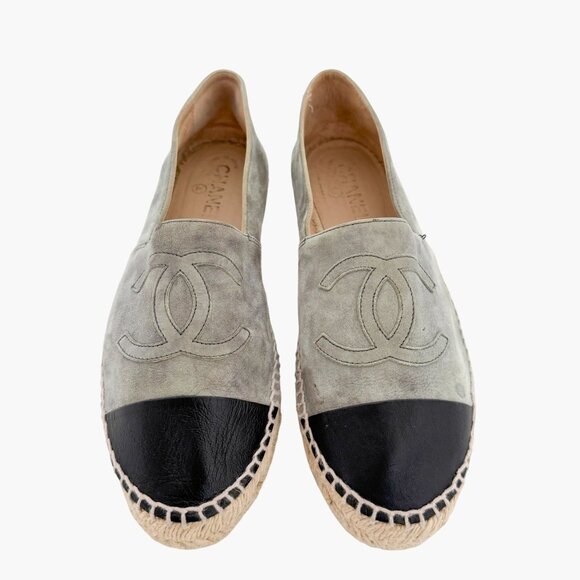 Chanel CC Cap Toe Espadrille Flat EU 40 US 9-9.5 Gray Suede Slip On Shoe - Picture 2 of 12
